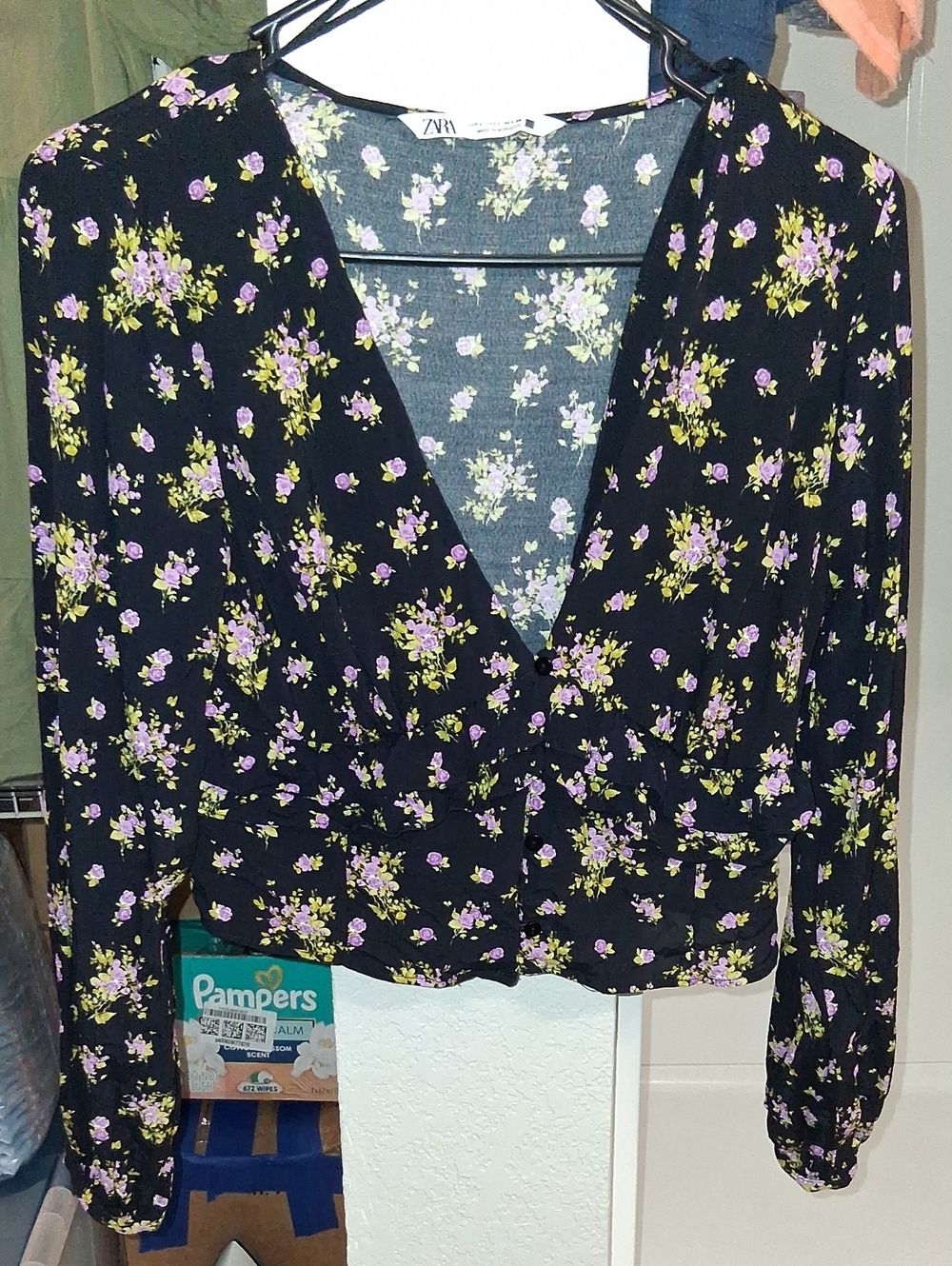 Zara Black Floral Wrap Blouse with Purple & Lime Bouquet Print